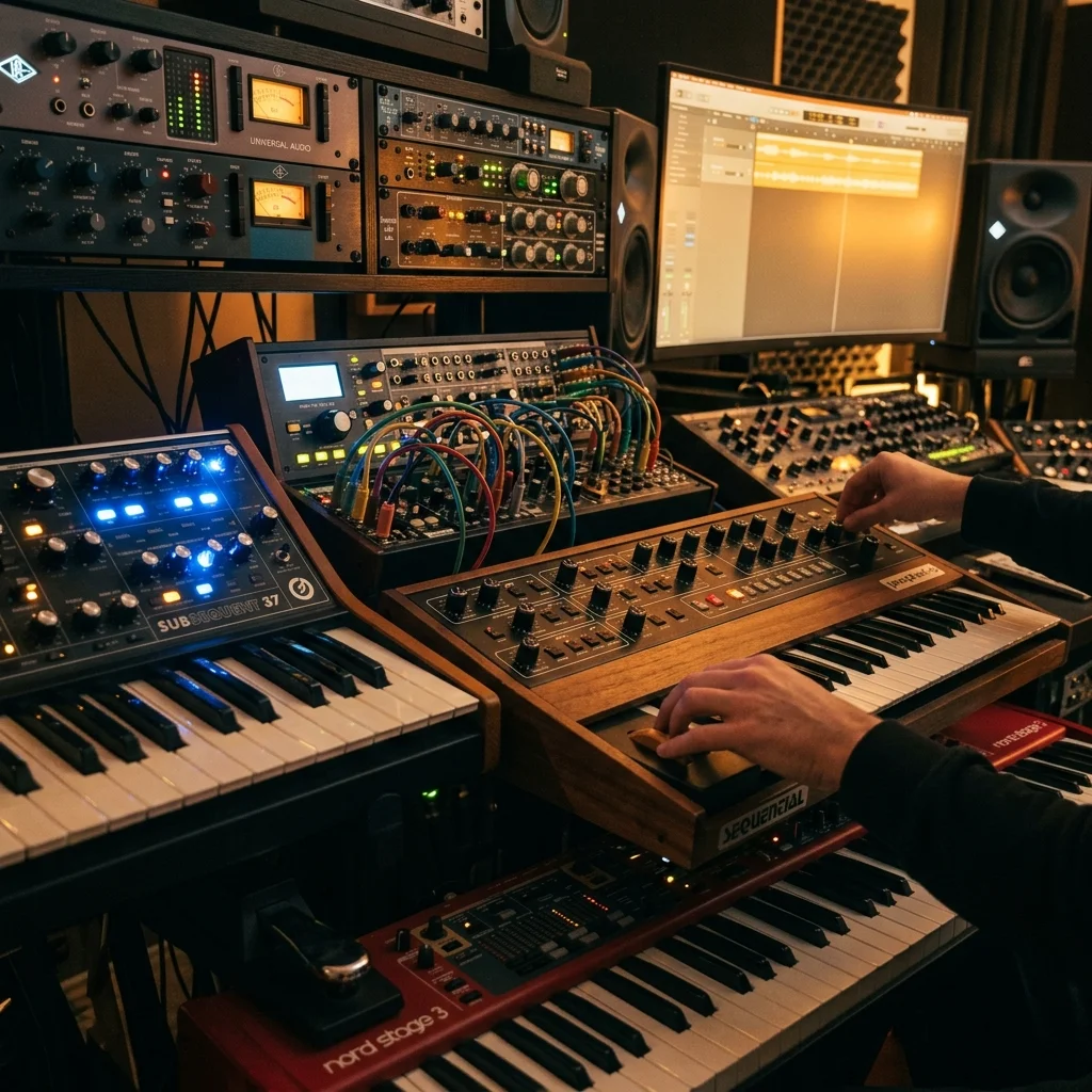 Close-up of professional synthesizers and keyboards