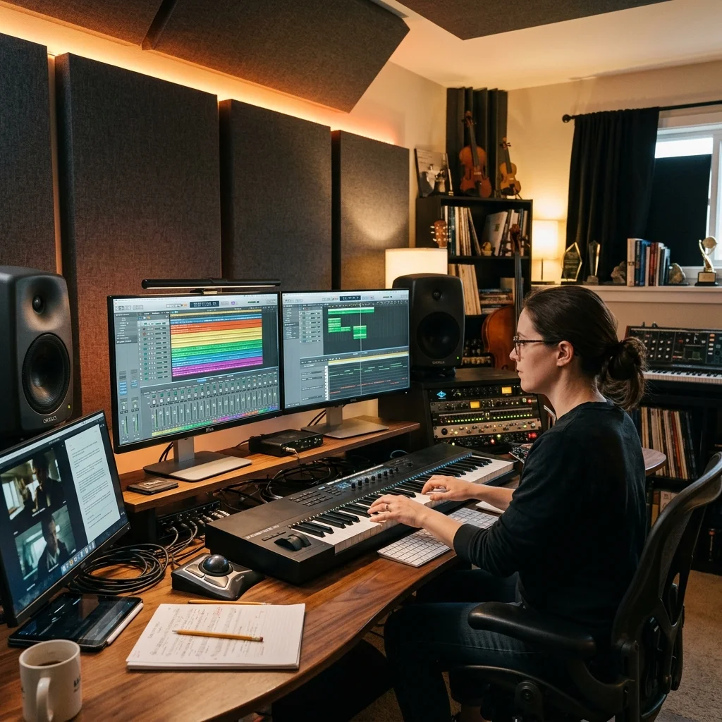 Main workspace showing dual monitors and DAW setup