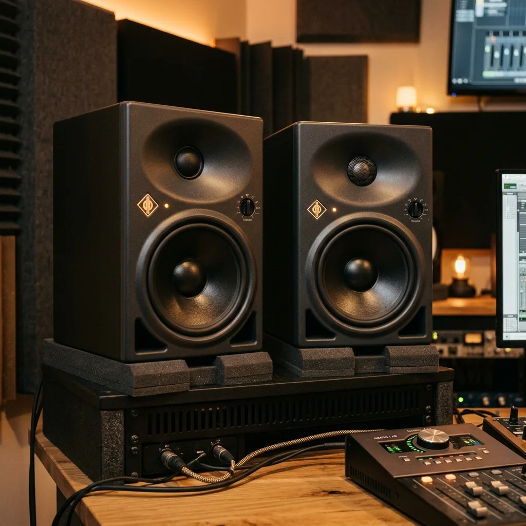 Premium studio monitor speakers in acoustic room