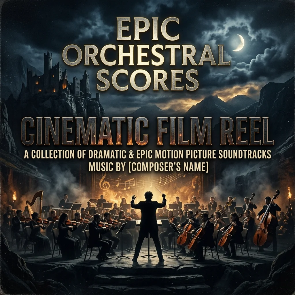 Cinematic film scoring reel cover, epic orchestral mood