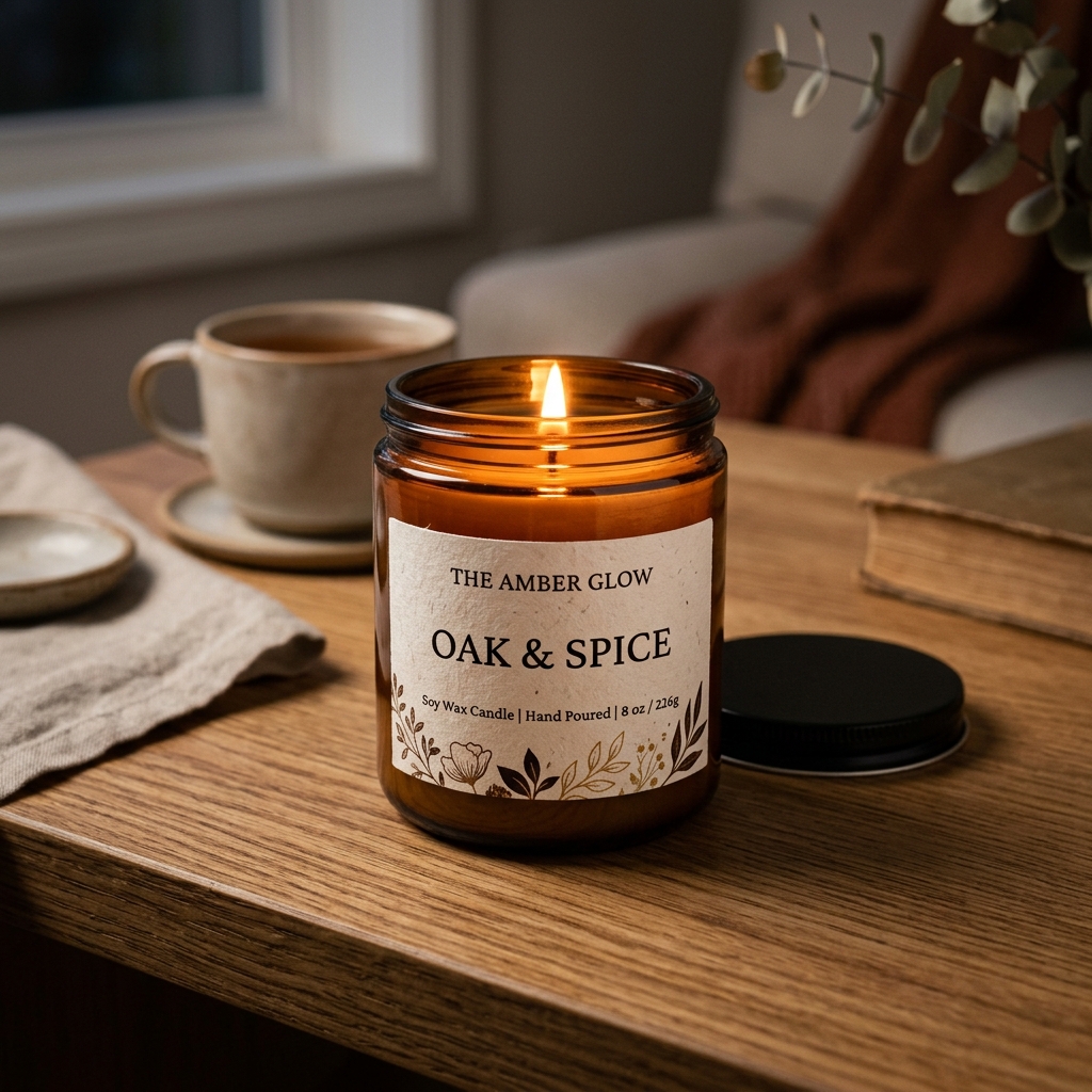 Scented soy wax candle in amber jar